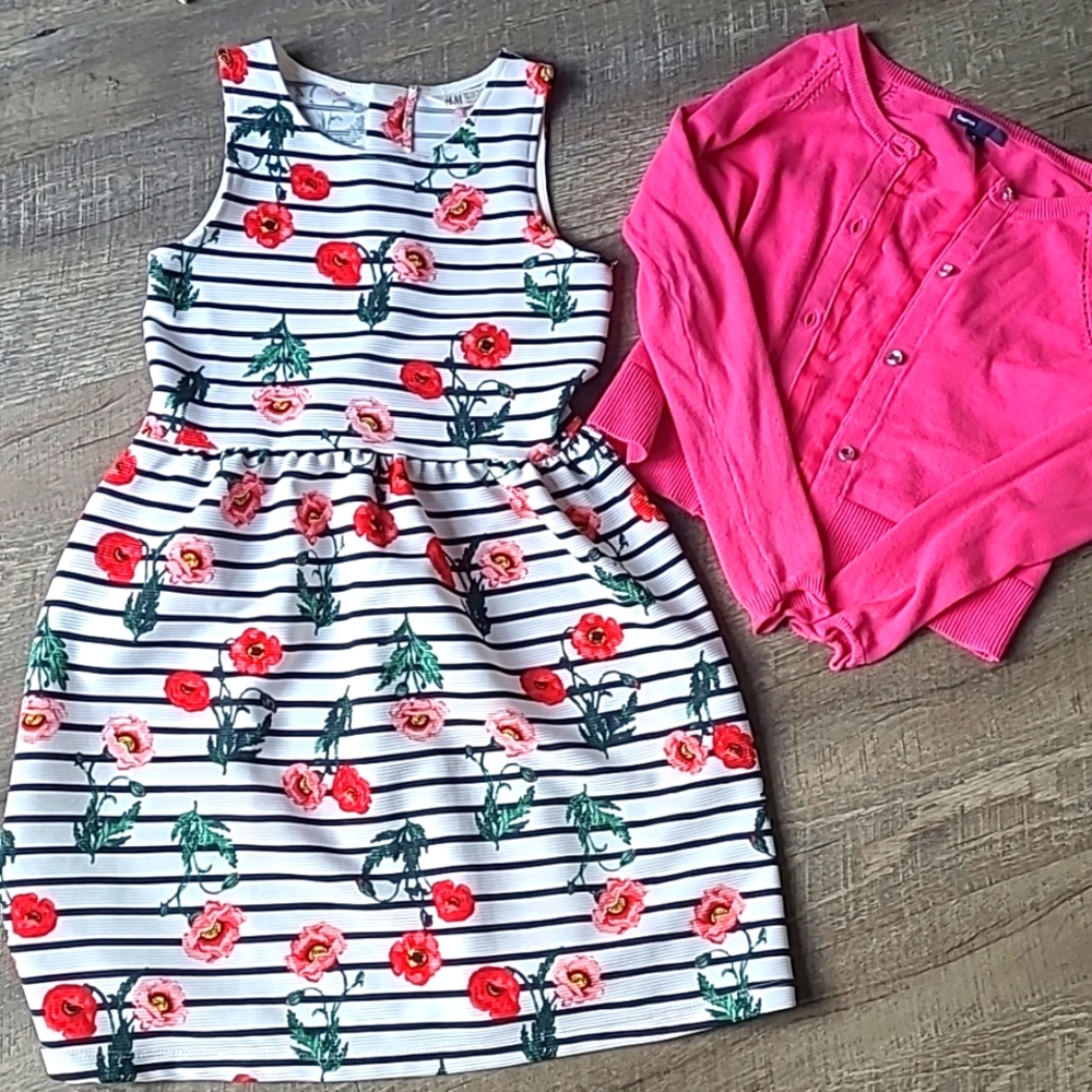 H&M Floral Striped Kids Dress with Pink Cardigan 8 10